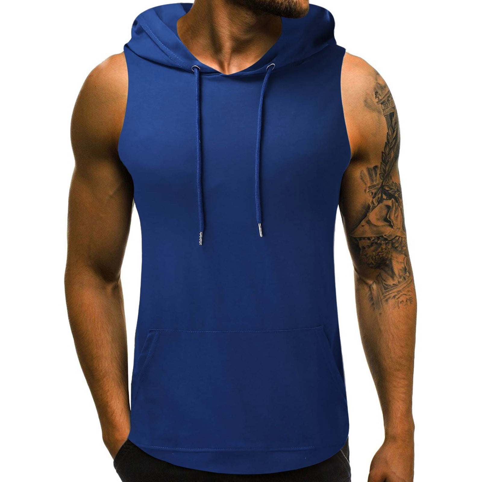 Hfyihgf Men s Workout Hooded Tank Tops Bodybuilding Muscle Cut Off T Shirt Sleeveless Gym Training Hoodies Blue XL Walmart