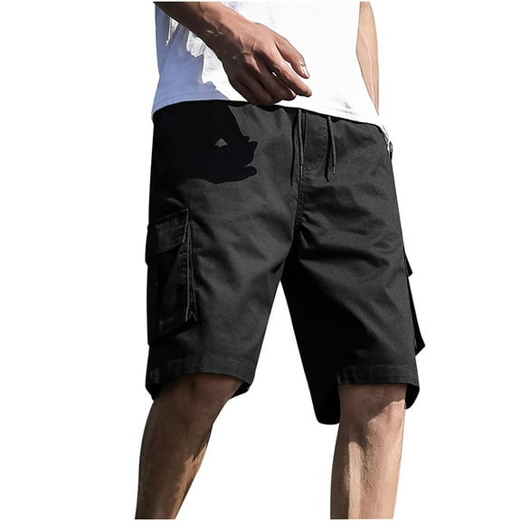 Hfyihgf Mens Casual Twill Cargo Shorts Cotton Drawstring Relaxed Fit Classic Cargo Stretch Short with Multi-Pockets(Black,L)
