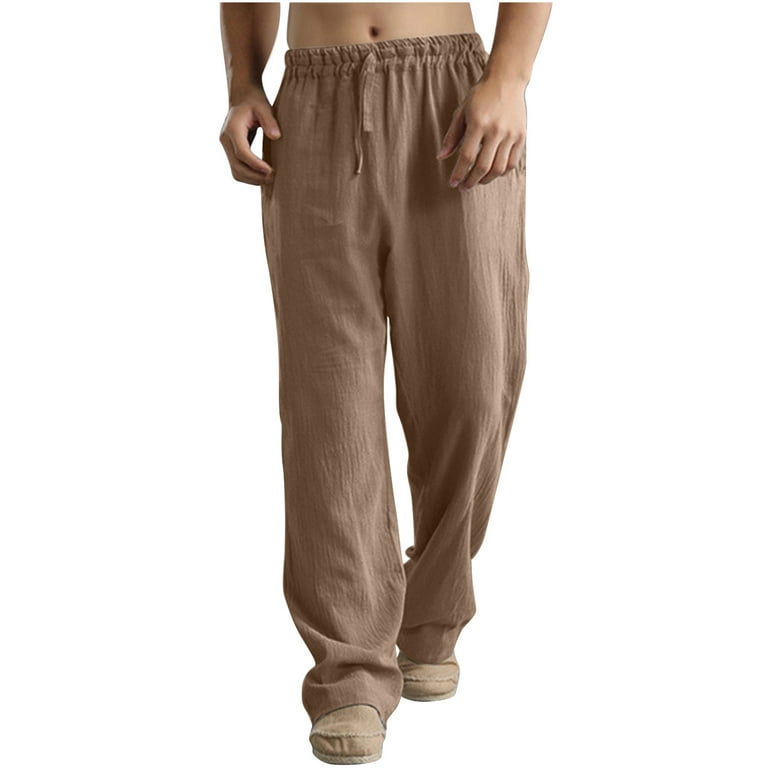 Hfyihgf Mens Cotton Linen Loose Fitting Casual Pants Lightweight Elastic  Waist Yoga Summer Beach Trousers Drawstring Pants with Pockets(Brown,M) 