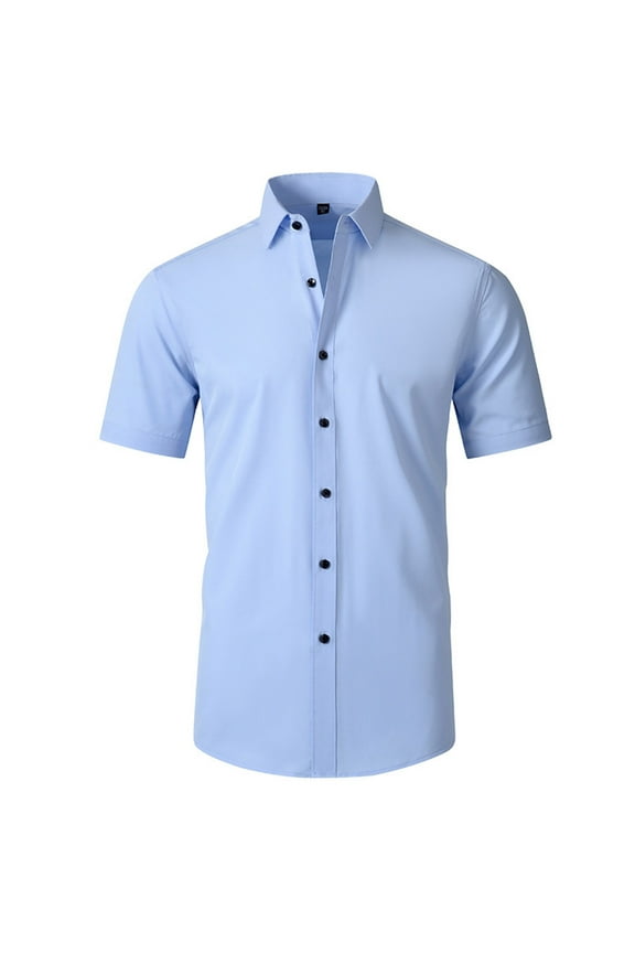 Mens Dress Shirts Solid Short Sleeve 4 Way Stretchy Wrinkle-Free Shirts Regular Fit Button Down Business Formal Shirts(Blue,XS)