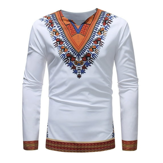 Hfyihgf Mens Ethnic Style Dashiki T Shirt Tribal Floral Print Short/Long Sleeve V Neck Slim Fit Shirts Tops(01#White,XXL)