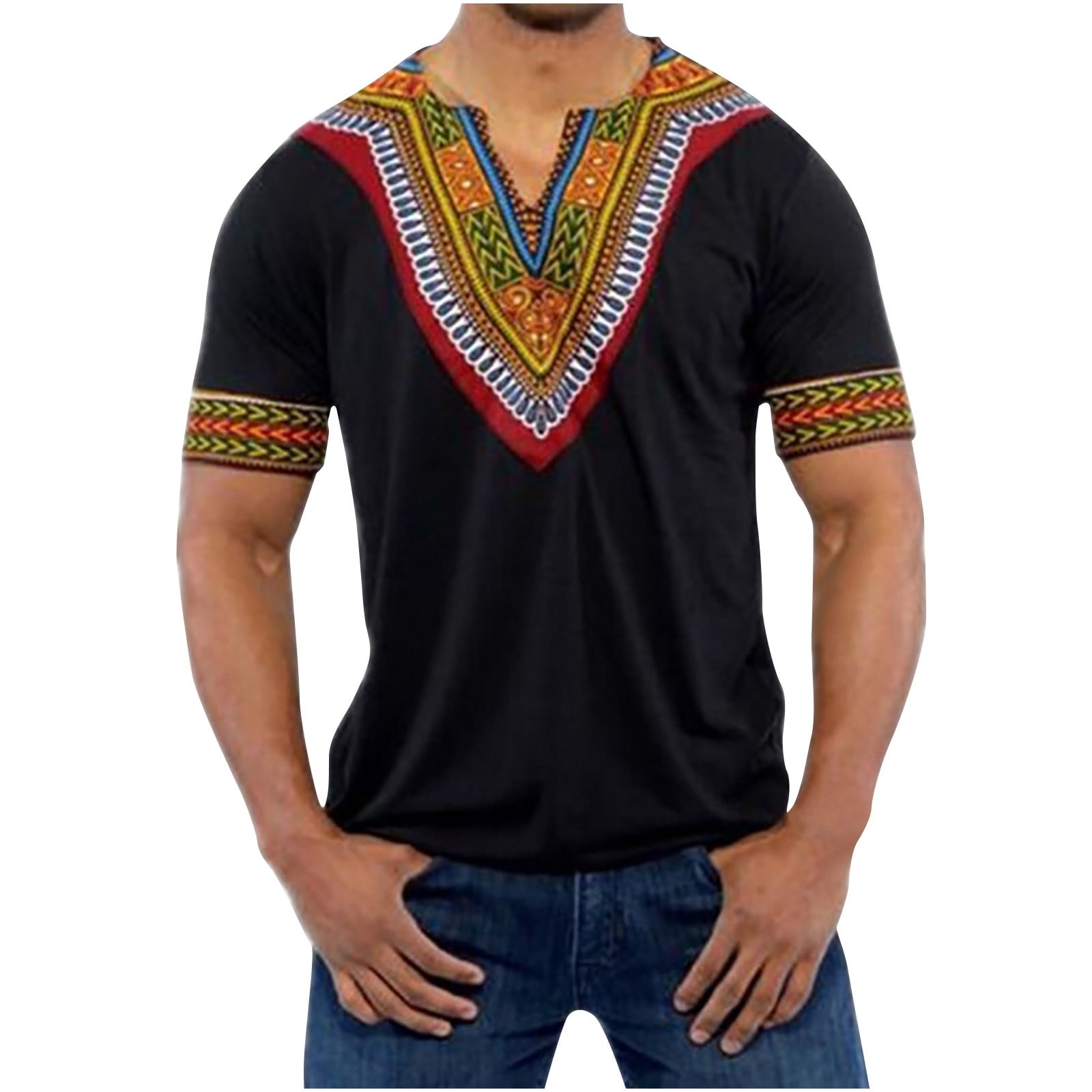 Herren Dashiki T-Shirt Mit Afro-Tribal-Print - V-Ausschnitt & Schmale Passform