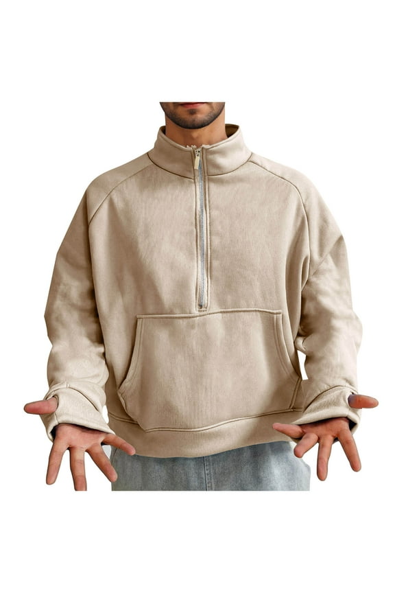 Mens Half Zip Pullover Fleece Lined Pocket Sweatshirt Lightweight Long Sleeve Mock Neck Polo Sweatshirts with Thumb Hole(Khaki,XXL)