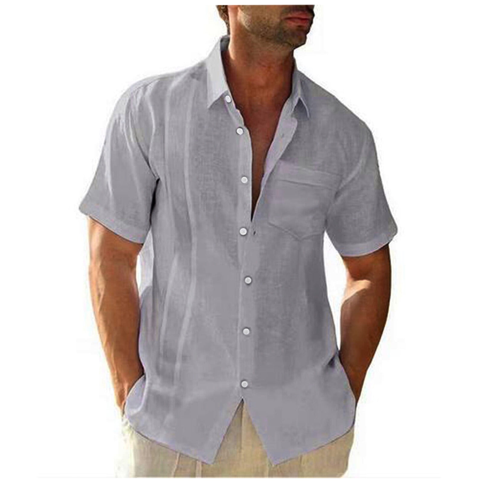 Hfyihgf Mens Linen Chambray Shirts Button Down Short Sleeve Shirt Cuban  Summer Casual Hawaiian Beach Shirts(White,M)