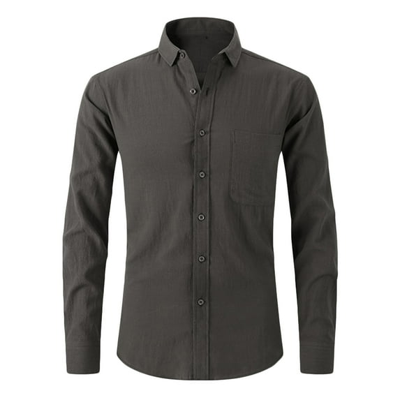 Hfyihgf Mens Slim Fit Linen Dress Shirts Fashion Casual Long Sleeve Button Down Pocket Shirt Tops(Dark Gray,L)