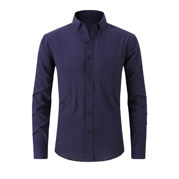 Hfyihgf Mens Slim Fit Linen Dress Shirts Fashion Casual Long Sleeve Button Down Pocket Shirt Tops(Navy,XXL)