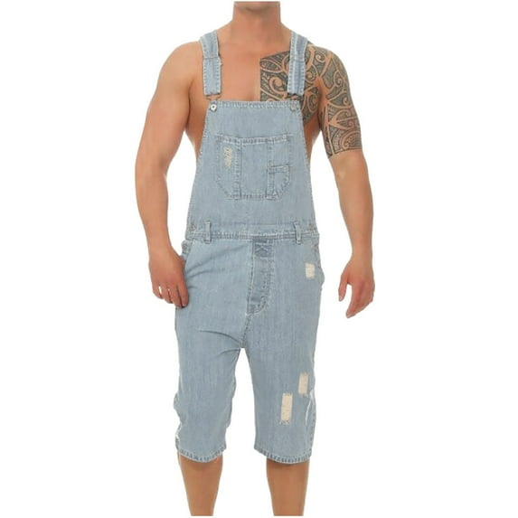 Hfyihgf Mens Summer Short Overalls Denim Bib Shorts Casual Outdoor Vintage Distressed Jeans Jumpsuit Shorts with Pockets(Blue,L)