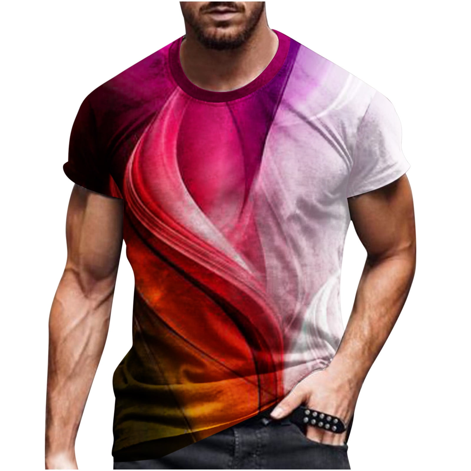 Hfyihgf Mens T Shirt Muscle Gym Workout Athletic Shirt Summer 3D Digital Printing Short Sleeve Crewneck Cotton Tee Shirt Tops Hot Pink XXL