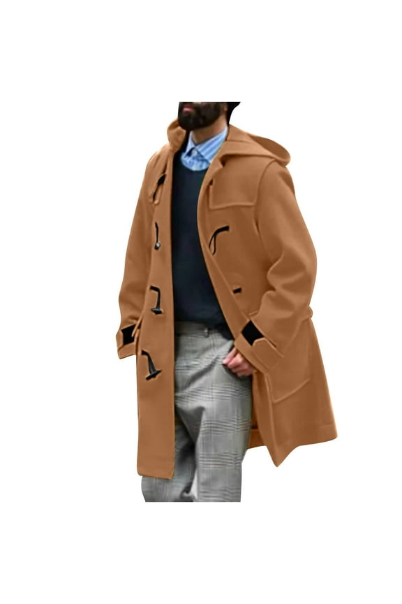 Mens Trench Coat Wool Duffle Lapel Peacoat Fall Winter Windproof Thermal Mid Long Overcoat Jacket with Hood(Gold,L)