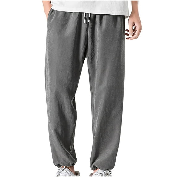 Hfyihgf Mens Trendy Cargo Pants Casual Cotton Linen Tapered Stretch Twill Drawstring Athletic Joggers Sweatpants with Pockets(Gray,7XL)