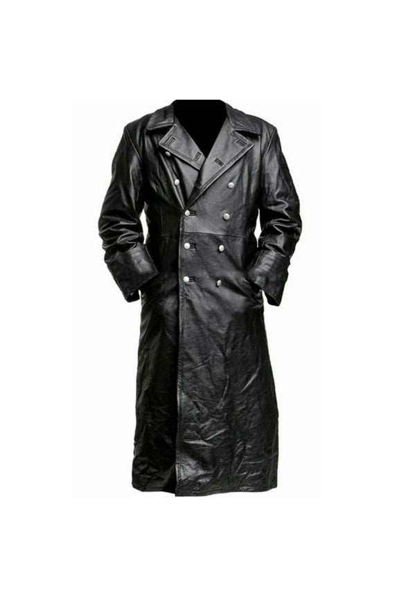 Mens Vintage Black Faux Leather Trench Coat Classic Notch Lapel Button Gothic Coat Long Motorcycle Jacket(Black,S)