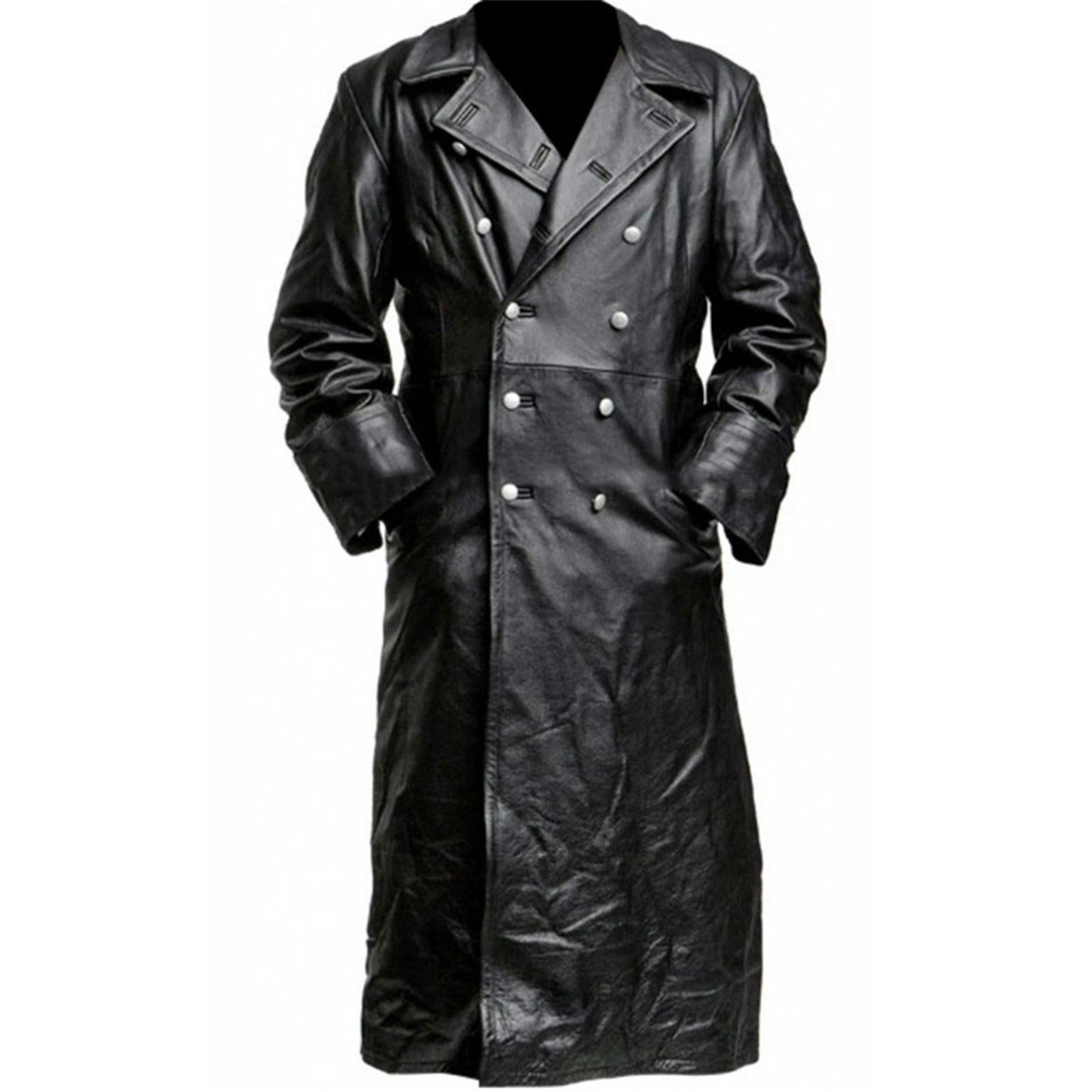 Hfyihgf Mens Vintage Black Faux Leather Trench Coat Classic Notch