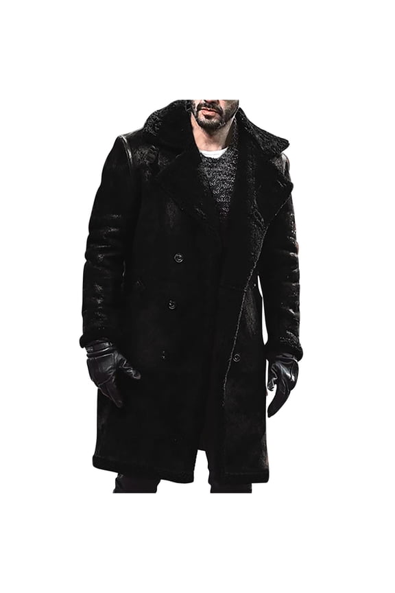 Mens Winter Coat Warm Thick Fleece Lined Parka Notch Collar Button Up Long Trench Jacket Casual Outdoor Overcoat Plus Size with Pocket(Black,S)