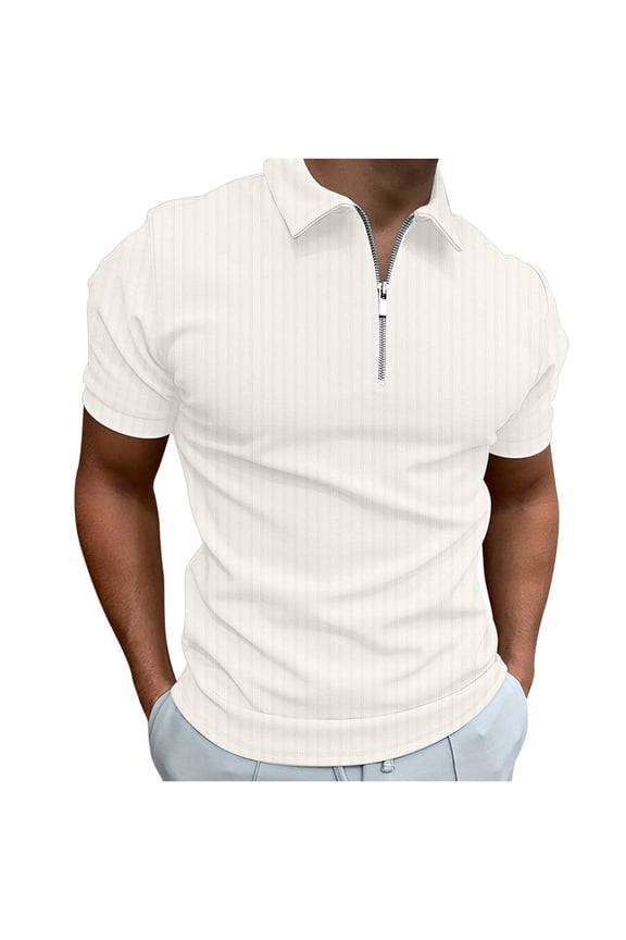 Muscle Polo Shirts for Men Quarter Zip Short Sleeve Ribbed Knit Stretch Slim Fit T Shirts Golf Workout Stylish Casual Tee Shirts(White,S)