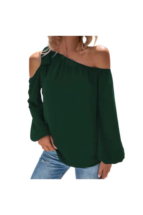 Off Shoulder Tops for Women Long Sleeve Blouses Bow Knot Shoulder Puff Sleeve Asymmetrical Neck Casual Loose Chiffon Shirts(Army Green,S)