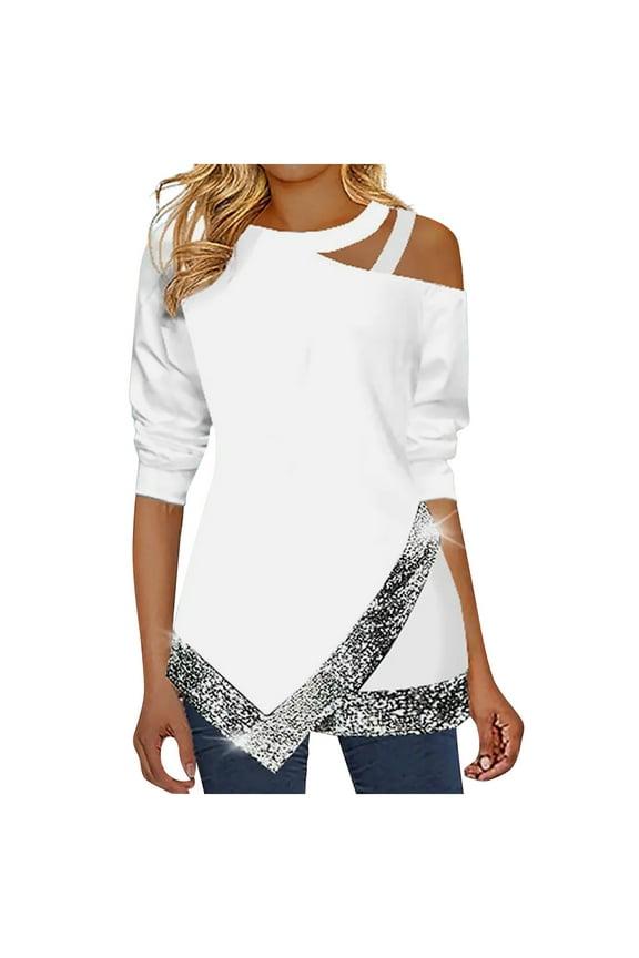 Off Shoulder Tops for Women Plus Size Long Sleeve Going Out Tunics Tees Fall Winter Casual Sequin Irregular Hem Pullover Blouse(White,M)