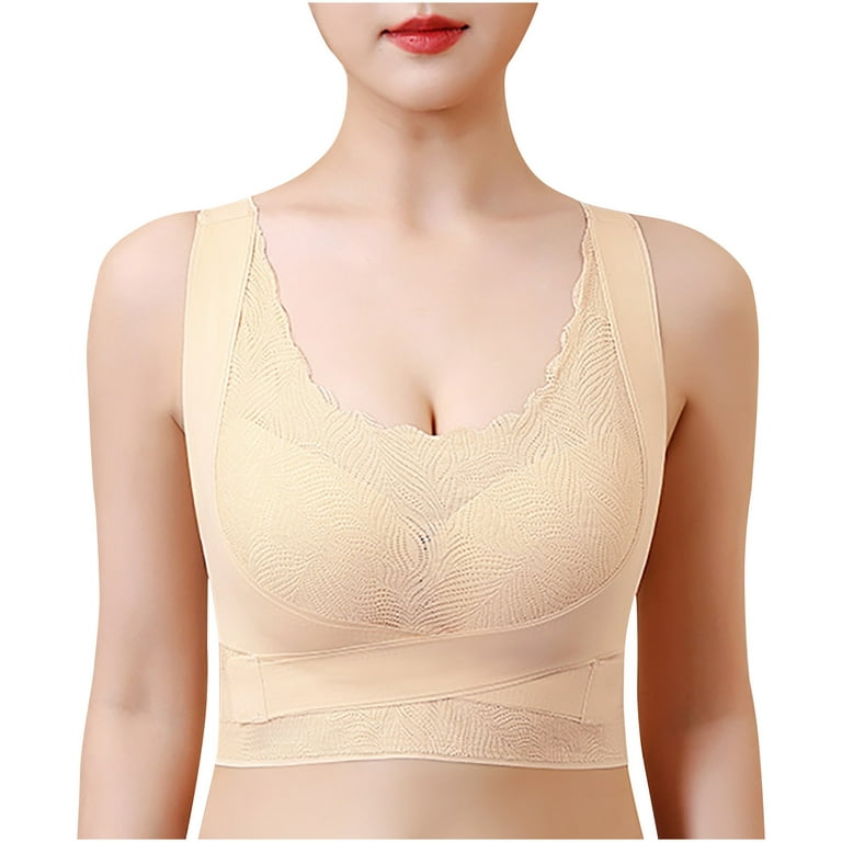 Hfyihgf On Clearance Sports Bras for Women Front Criss Cross Side Buckle  Lace Bras Wireless Push Up Shaping Seamless Everyday Bra with Removable Pad  (Beige,L) 