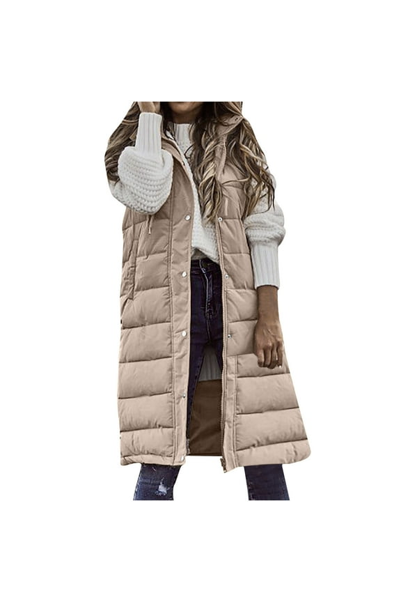 Oversized Long Down Vest for Women Outdoor Coats with Hood Long Puffer Vest Winter Coats Sleeveless Warm Jacket Z1-Off-White M