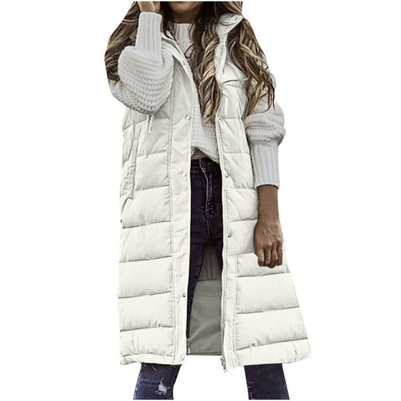 Hfyihgf Oversized Long Down Vest for Women Outdoor Coats with Hood Long Puffer Vest Winter Coats Sleeveless Warm Jacket Z1-White S