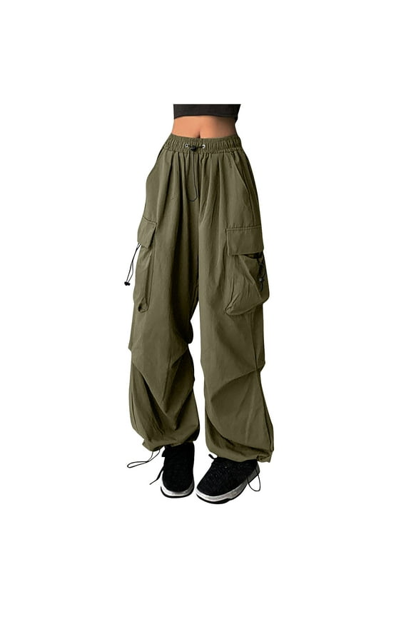 Parachute Pants for Women Y2K Baggy Cargo Pants Multi-Pockets Drawstring High Rise Pants Wide Leg Joggers Trousers Streetwear(z1-Army Green,L)