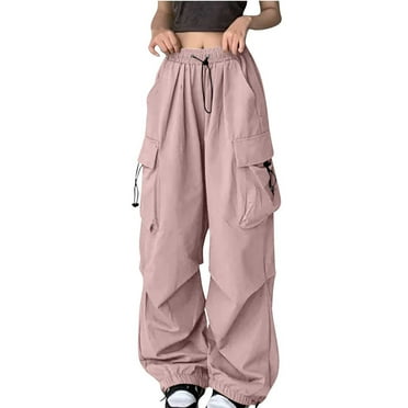 Hfyihgf Parachute Pants for Women Y2K Baggy Cargo Pants Multi-Pockets Drawstring High Rise Pants Wide Leg Joggers Trousers Streetwear(Pink,L)