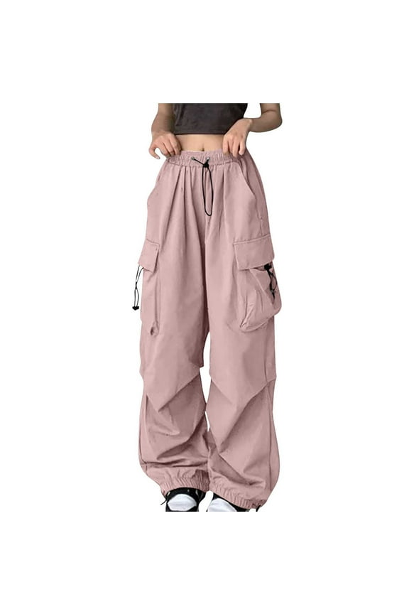 Parachute Pants for Women Y2K Baggy Cargo Pants Multi-Pockets Drawstring High Rise Pants Wide Leg Joggers Trousers Streetwear(Pink,XL)