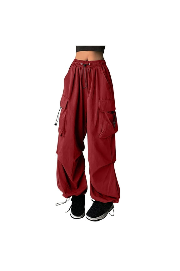 Parachute Pants for Women Y2K Baggy Cargo Pants Multi-Pockets Drawstring High Rise Pants Wide Leg Joggers Trousers Streetwear(z1-Red,XXL)