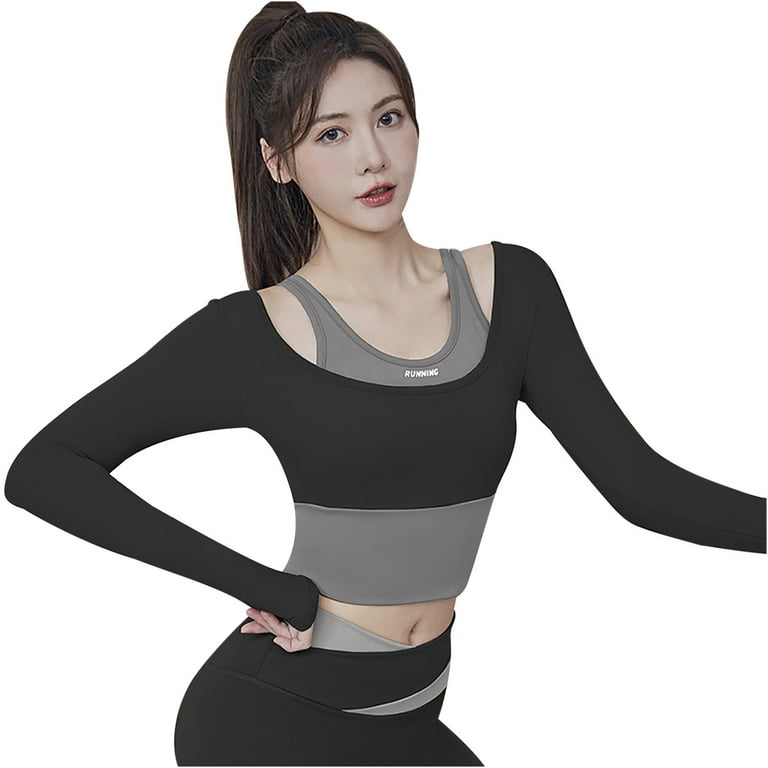 Hfyihgf Patchwork Sports Shirts for Women Workout Fake Two-Pieces Long  Sleeve Crop Tops Fitness Athletic Thumb Hole Slim Fit Yoga Tops(Black,XXL)