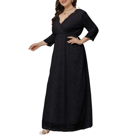Hfyihgf Plus Size Dresses for Women Wedding Guest Semi Formal Lace Cocktail Graduation Party Long Sleeve A Line Maxi Long Dress Black XXL