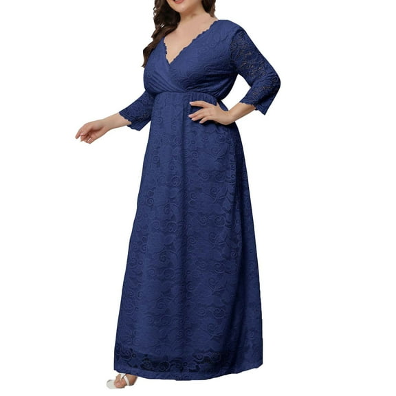 Hfyihgf Plus Size Dresses for Women Wedding Guest Semi Formal Lace Cocktail Graduation Party Long Sleeve A Line Maxi Long Dress Navy XL
