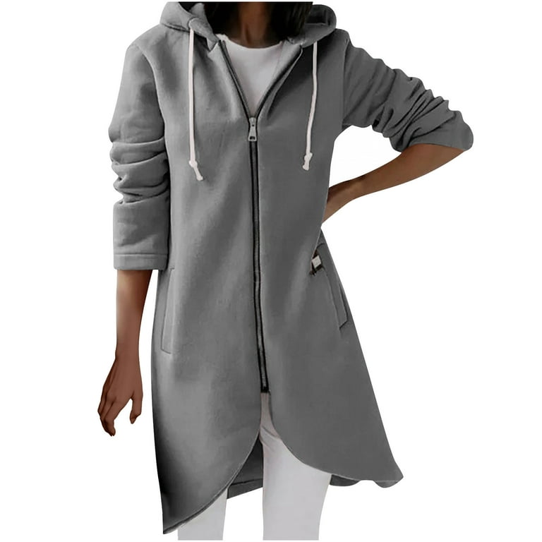Hfyihgf Plus Size Hoodies Coats for Women Trendy Zip Up Hooded Hoodie Solid  Color Long Sweatshirts Jacket Fall Winter Clothes Gray L 
