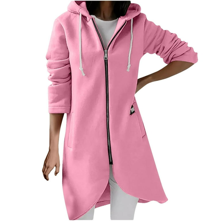 Hfyihgf Plus Size Hoodies Coats for Women Trendy Zip Up Hooded Hoodie Solid Color Long Sweatshirts Jacket Fall Winter Clothes Pink 3XL
