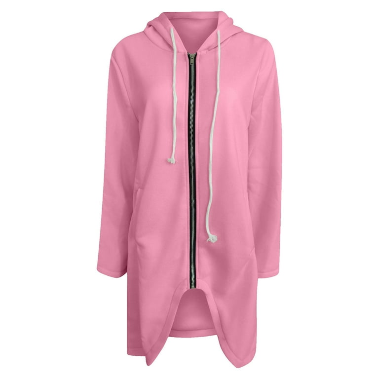 Hfyihgf Plus Size Hoodies Coats for Women Trendy Zip Up Hooded Hoodie Solid  Color Long Sweatshirts Jacket Fall Winter Clothes Pink XL