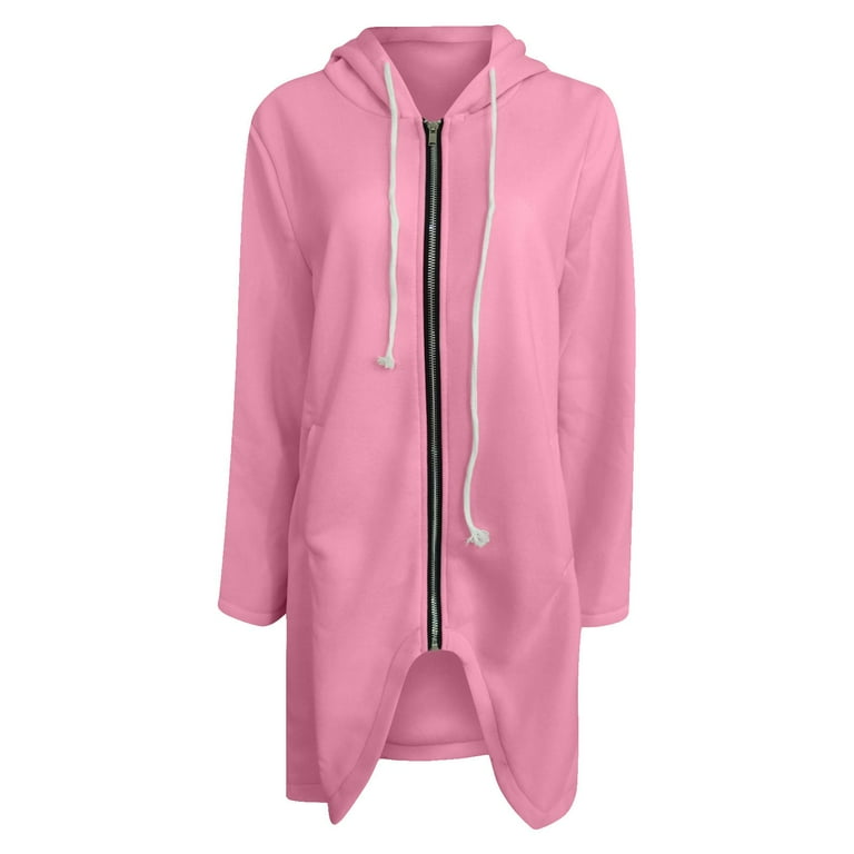 Hfyihgf Plus Size Hoodies Coats for Women Trendy Zip Up Hooded Hoodie Solid  Color Long Sweatshirts Jacket Fall Winter Clothes Pink XL