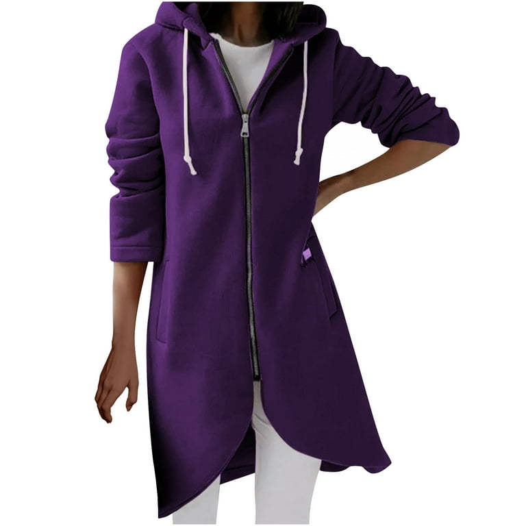 Hfyihgf Plus Size Hoodies Coats for Women Trendy Zip Up Hooded Hoodie Solid  Color Long Sweatshirts Jacket Fall Winter Clothes Purple 3XL 