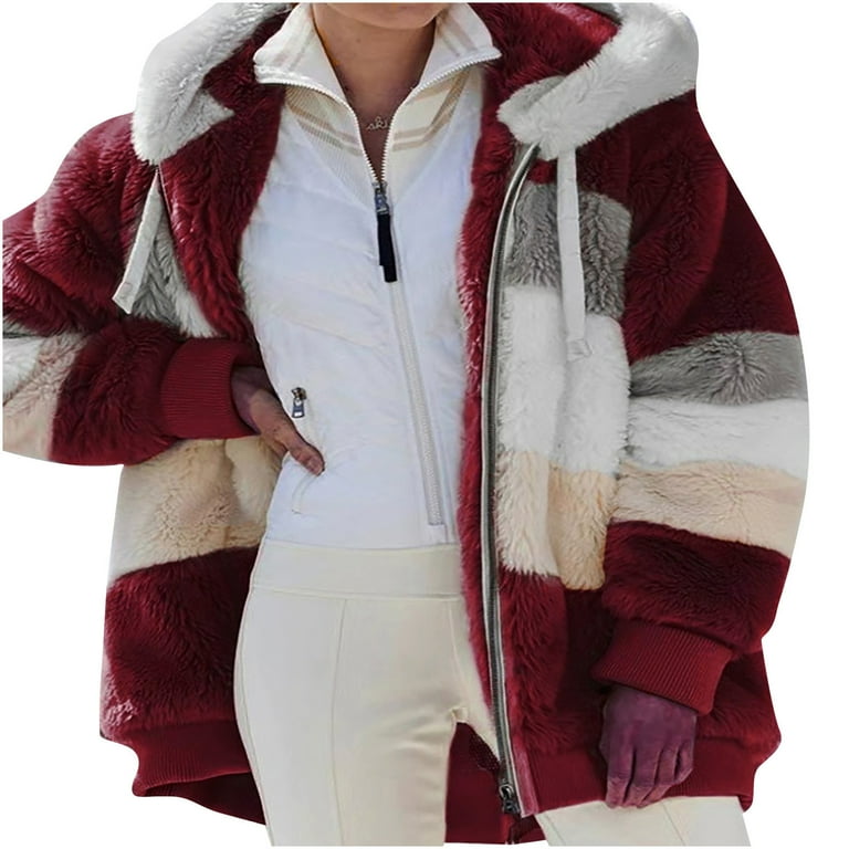 Hfyihgf Plus Size Winter Plush Coat for Women Color Block Long Sleeve Zip up Cardigan Casual Loose Fit Hooded Jacket Cover Ups Clothes Wine 3XL