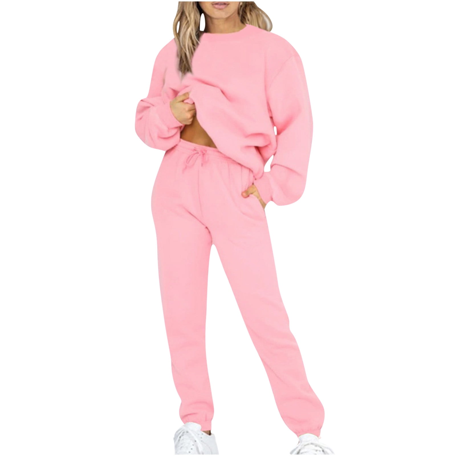 Hfyihgf Plus Size Women Pullover Hoodie Tracksuit Two Piece Sets Pockets  Sweatpants Sport Jogger Sweatsuit Solid Color Sportswear(Pink,L) 