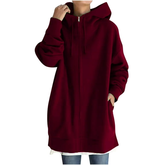Hfyihgf Plus Size Women Winter Pockets Zipper Hoodies Tunic Sweatshirt Coat Jacket Long Sleeve Oversized Hooded Hoody Long Outwear Wine 5XL
