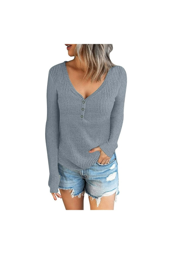 Plus Size Womens Long Sleeve Henley T Shirts Button Down Slim Fit Tops Scoop Neck Basic Ribbed Knit Shirts(Blue,3XL)