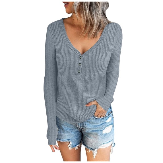 Hfyihgf Plus Size Womens Long Sleeve Henley T Shirts Button Down Slim Fit Tops Scoop Neck Basic Ribbed Knit Shirts(Blue,XXL)