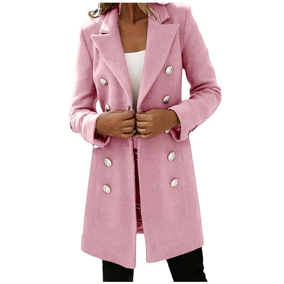 Hfyihgf Plus Size Womens Winter Double Breasted Peacoat Long Sleeve Mid Length Coats Notch Lapel Wool Blend Trench Coat Clearance(Pink,M)