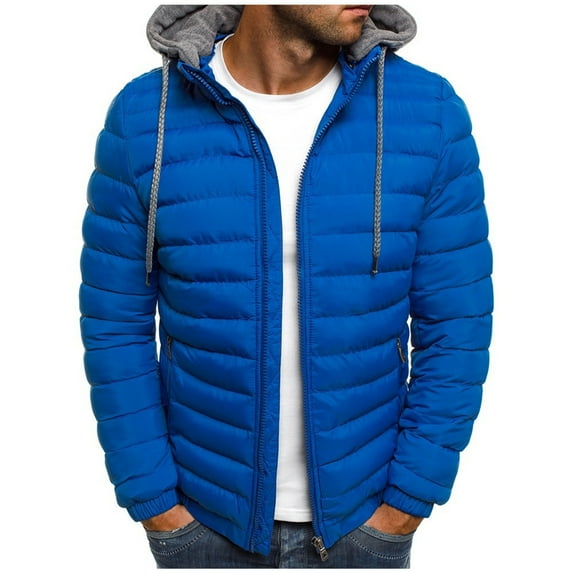 Hfyihgf Puffer Jackets for Men Winter Solid Lightweight Cotton Padded Coat Outerwear Full Zip Up Warm Cozy Removable Hood Jackets(Blue,M)