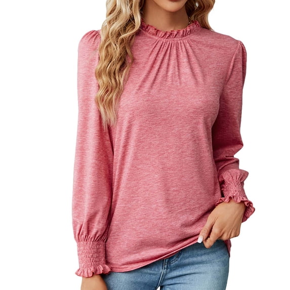 Hfyihgf Reduce Price Women's Frilled Trim Mock Neck Tops Ruffled Smocked Cuffs Puff Sleeve Blouses Solid Color Loose Elegant Work Tunic Shirts(Pink,M)