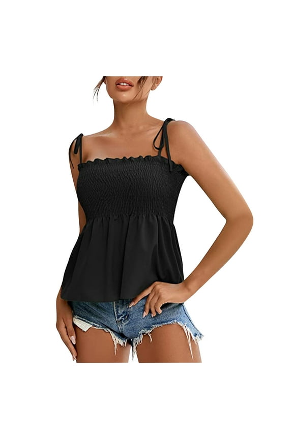 Ruffle Smocked Tank Tops for Women Summer Square Neck Sleeveless Tops Tie Shoulder Spaghetti Strap Blouse Babydoll Peplum Cami Shirts(Black,L)