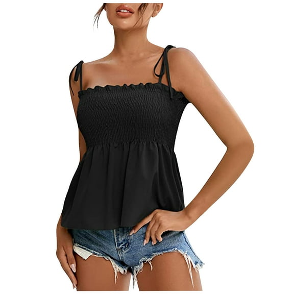 Hfyihgf Ruffle Smocked Tank Tops for Women Summer Square Neck Sleeveless Tops Tie Shoulder Spaghetti Strap Blouse Babydoll Peplum Cami Shirts(Black,S)