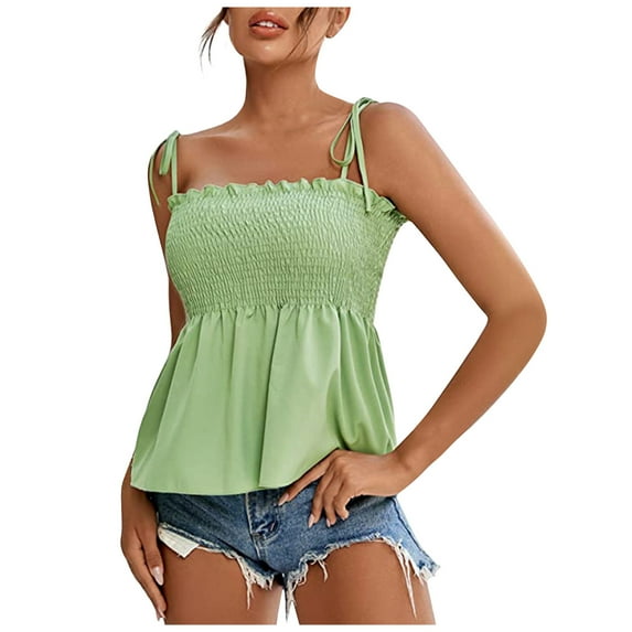 Hfyihgf Ruffle Smocked Tank Tops for Women Summer Square Neck Sleeveless Tops Tie Shoulder Spaghetti Strap Blouse Babydoll Peplum Cami Shirts(Green,L)