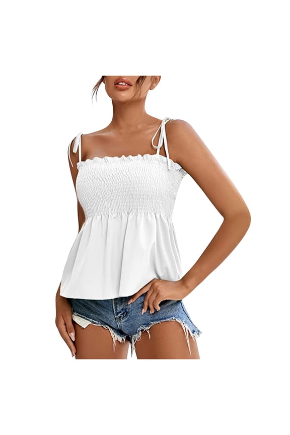 Ruffle Smocked Tank Tops for Women Summer Square Neck Sleeveless Tops Tie Shoulder Spaghetti Strap Blouse Babydoll Peplum Cami Shirts(White,L)