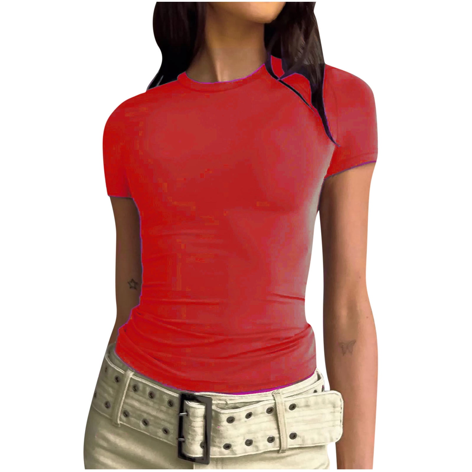 Hfyihgf Short Sleeve Top for Women Solid Color Slim Fit Streetwear