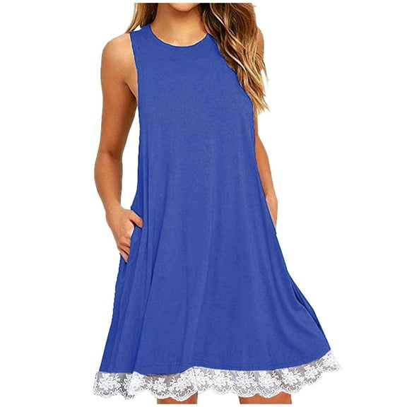 Hfyihgf Summer Dresses for Women 2024 Vacation Trendy Casual T Shirt Tank Dress Short Lace Hem Flowy Swing Beach Sundress with Pockets