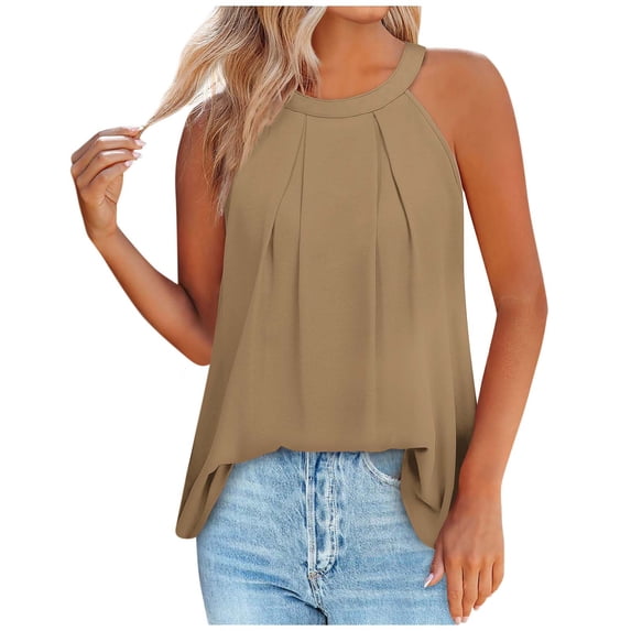 Hfyihgf Summer Halter Neck Tank Tops for Women Pleated Loose Fit Sleeveless Basic Tops Flowy Casual Vacation Cami Shirt Blouse(Khaki,S)